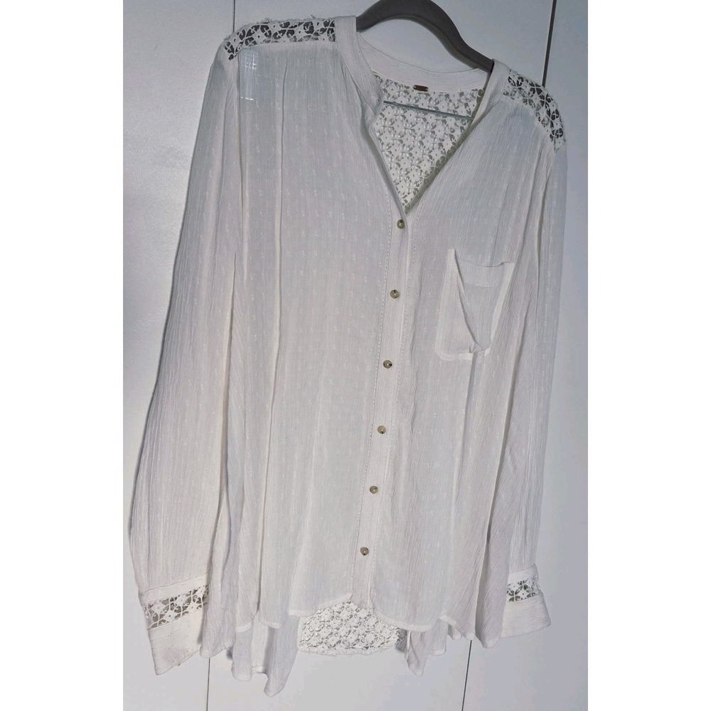 Free People Cream Lace Panel‎ Boho Blouse Long Sleeve Flowy Top
